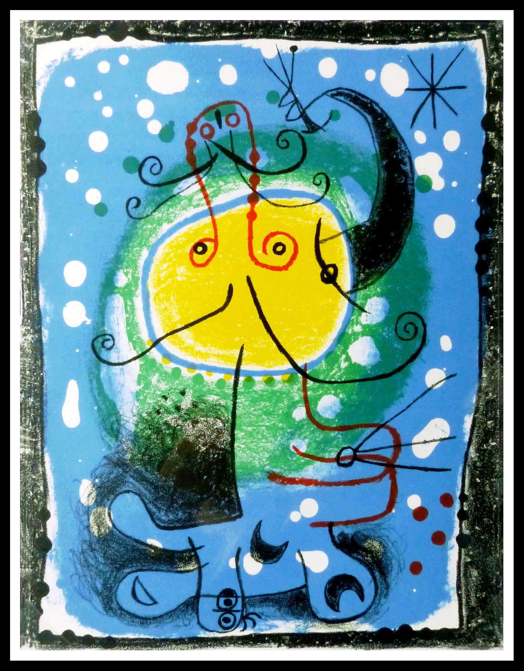 Original lithography Joan Miro - Personnage sur fond bleu - 1957