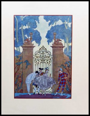 (alt="original lithography Georges BARBIER, Arlequin or Pierrot, art deco 1928")