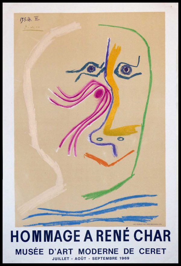 (alt="original vintage poster lithography PICASSO, Hommage à René CHAR Musée CERET 1969, Limited edition")