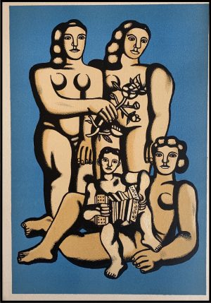 (alt="Pochoir original de Fernand Léger "Les femmes et enfant à l'accordéon" 1952 imprimé par Mourlot, Paris. 1000 exemplaires, edition limitée")