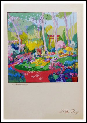 pochoir original Les jardins Précieux l allée rouge collection Pierre Corrard chez Meynial 48 x 32cm 1919 papier japon shidruroko numéroté 26 sur 300