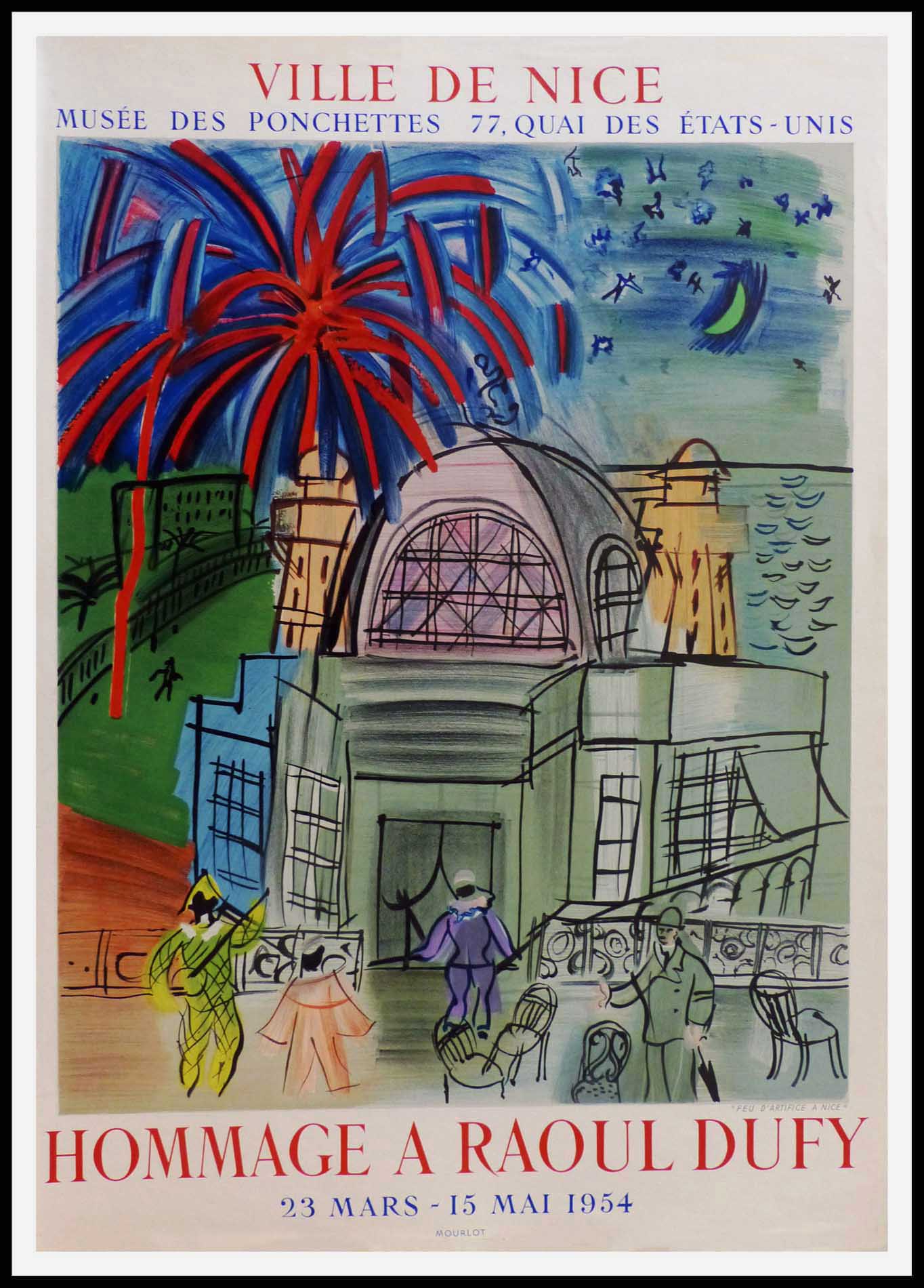 VILLE DE NICE HOMMAGE A RAOUL DUFY FEU D ARTIFICE 70 x 49 cm condition A+ OFF LINEN 1954