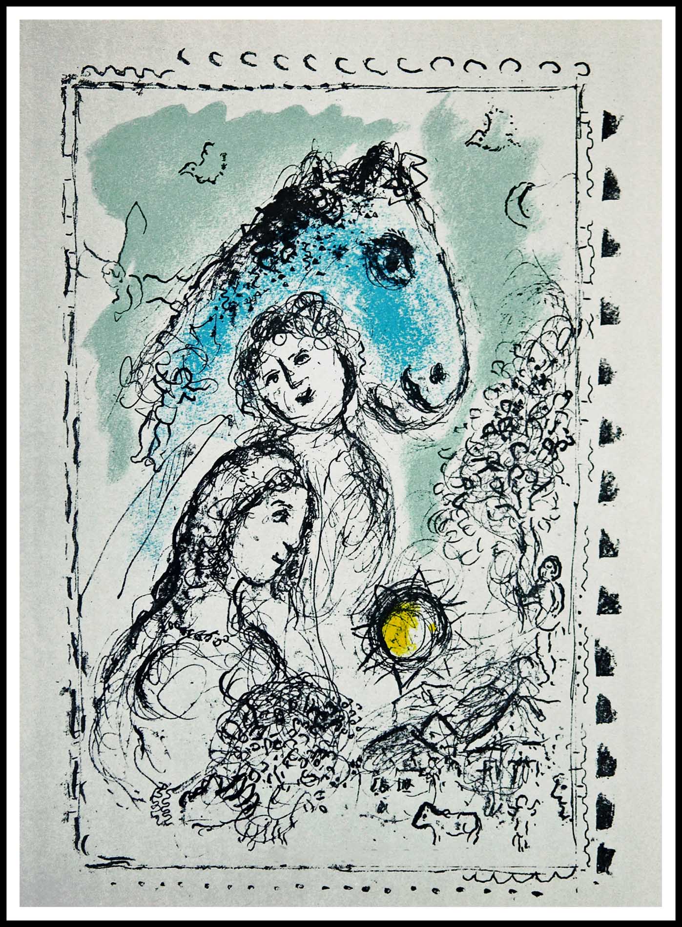 Cheval bleu au couple lithographie originale Marc CHAGALL 38 X 28 CM Maeght Editeur